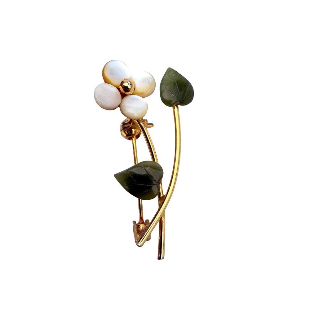 Flower Brooch Mother of Pearl Jade Gold Tone Floral Vintage Lapel Pin Nature